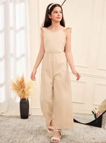 SHEIN Leap Crew Tween Girl Casual Ruffle Trim Backless Jumpsuit - Apricot - View 5