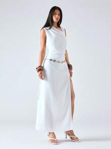 LYSMO Women's White Backless Metal Ring Knitted Long Dress - Spring/Summer - White - View 4