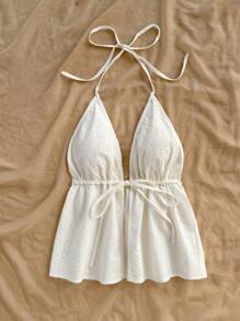 SHEIN PETITE CURVE 加大码纯色系带荷叶边下摆露背乡村音乐会 Y2k 上衣 - 杏色 - 查看 5