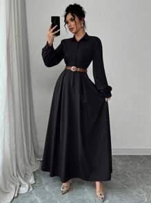 Selianne Đầm tay đèn lồng màu trơn thanh lịch đi làm, trang phục Maxi thu cho nữ - màu đen - Xem 5