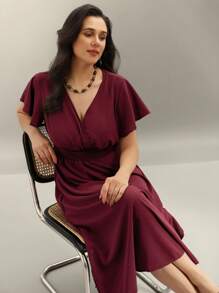 Flouryn Plus Size Women Summer Solid Color Overlapping V-Neck Short Sleeve High-Low Hem Elegant Dress, For Christmas Burgundy Maxi Women Outfit - Burgundy - View 3