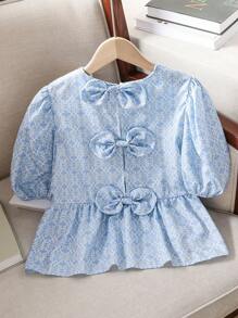 Tween Girls Ruffle Short Sleeve Bowknot Back Blouse Shirt - Blue - View 3