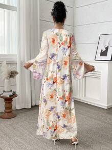 Yasmyna Abito da donna elegante e lungo alla turca con stampa floreale all-over, vestito maxi tradizionale arabo, modesto
