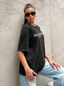Muchica Camiseta de manga corta y cuello redondo de algodón 100% holgada con lavado vintage y gráfico "Milano Italy", adecuada para el verano