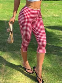 CovetEZ Women's Red Plaid Knit Elastic Leggings - Red and White - View 4