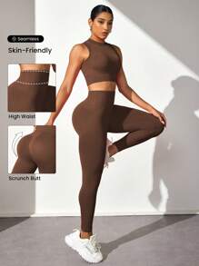 Core Rhythm Women Solid Color Seamless Crew Neck Sleeveless Top And Long Pants Sports Set Gym Set For Chinese New Year Workout Women Sets - Brown - View 1