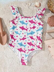 Shark Week X SHEIN Young Girl Shark Print Ruffled One-Piece Swimsuit, Suitable For Summer - Multicolor - View 3
