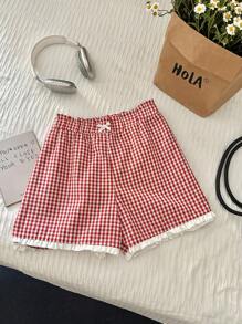 Comfortcana Quần short thường ngày cỡ lớn viền kẻ caro đỏ trắng - Đỏ và trắng - Xem 1