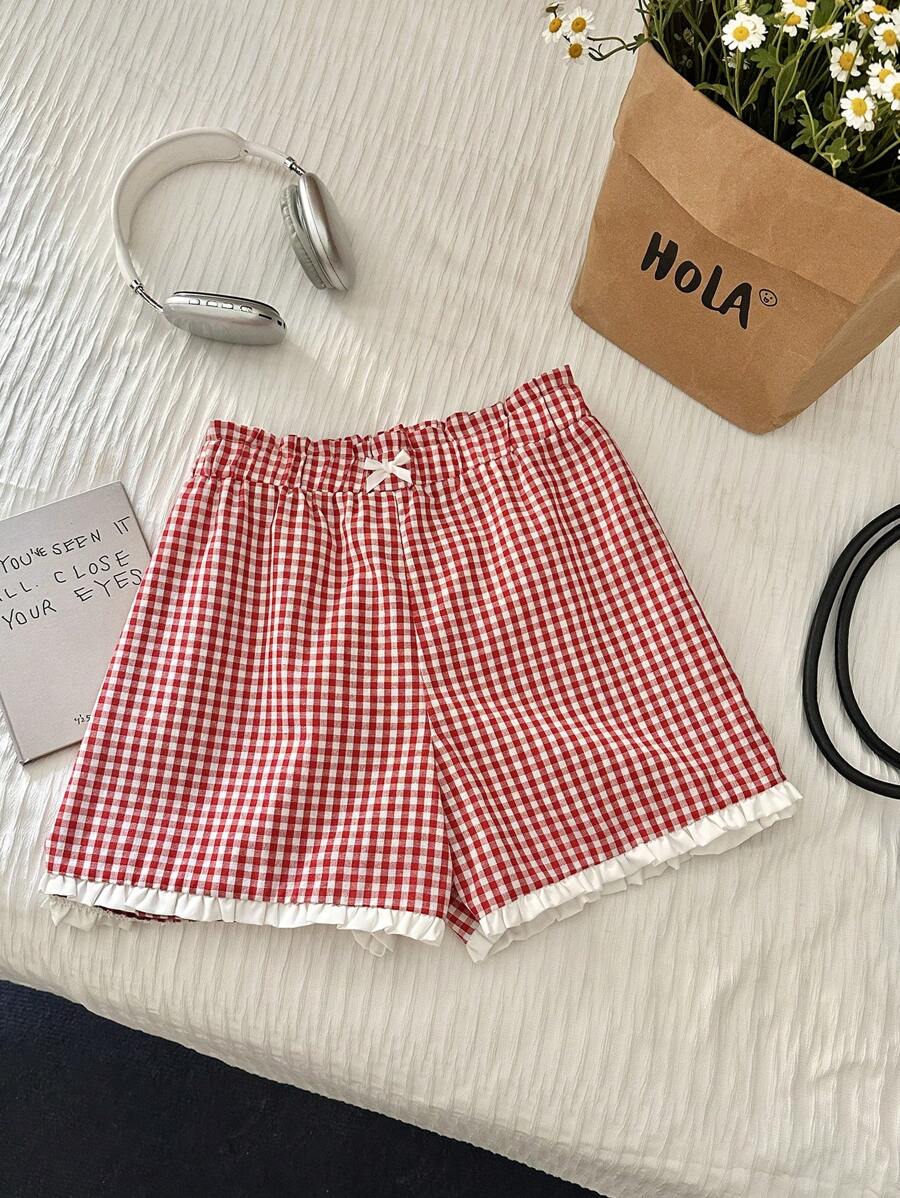 Comfortcana Quần short thường ngày cỡ lớn viền kẻ caro đỏ trắng - Đỏ và trắng - Xem 1