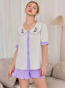 Softscene 2pcs Set Floral Embroidered Ruffled Collar Short Sleeve T-Shirt And Shorts Sleepwear Holiday Season - Beige - View 5