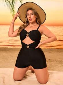Swim Lushoire Plus Size Solid Color One-Piece Gold-Tone Hardware Trim Swim Trunks, Swimsuit For Vacation, Beach, Pool - Black - View 6