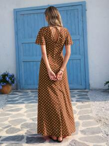 Vivid Eden 波浪纹 V 领短袖修身女装春夏装、夏装、情人节、女士度假装、女士沙滩装、节日、浪漫优雅服装、波西米亚风、波西米亚风、甜美、风骚、狂欢节装扮、热带度假女装、狂欢节、度假风格 - 卡其色 - 查看 2