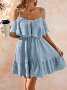 Amorya Vestido de verano elegante y romántico de mujer con tirantes de espagueti, volantes y bajo con volantes en color verde sólido texturizado de gasa