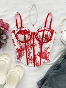 Soleia Blue & White Vintage Floral Contrast Color Women Holiday Camisole, Suitable For Vacation, Date, Afternoon Tea, Music Festival, Boho Style