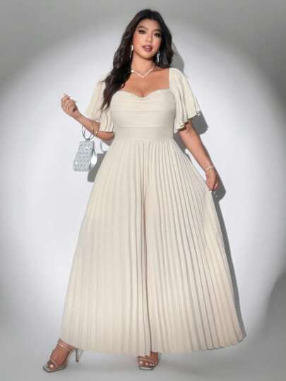 Viva Relle 大码女式春夏围脖领喇叭袖褶皱连体裤，优雅复古可爱假日风格