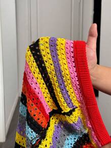 Slaydiva Plus Size Women Waist Tie Striped Hollow Out Knitted Pants In Fall/Winter