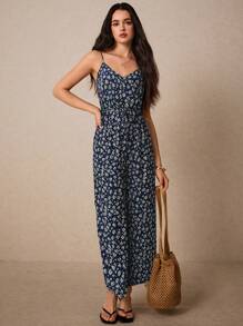 Poéselle Tuta estiva casual da donna senza maniche con motivo floreale ditsy