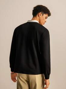 SWAVVY Men Contrast Collar Half Button Placket Sweatshirt, Long Sleeve Casual Nice Urban Color Block Top, For Friends, For Fall Winter - Black - View 2