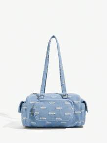 SHEIN ICON 女士单肩包、流浪包、时尚、个性、简约、百搭、街头风、甜美酷炫女孩、辣妹、千禧一代、复古、铆钉、复古、牛仔效果、多口袋设计、机车风、青少年 - 藍色 - 查看 1