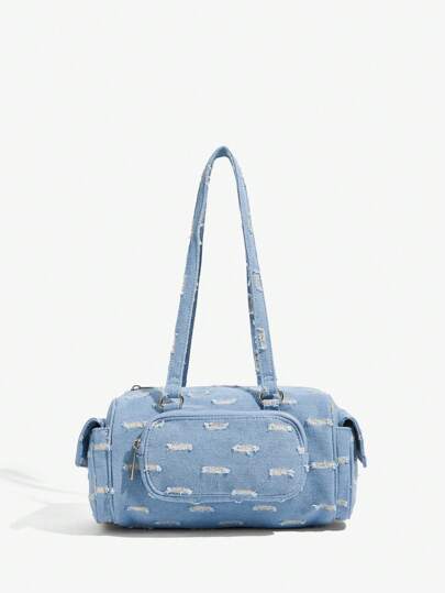 SHEIN ICON 女士单肩包、流浪包、时尚、个性、简约、百搭、街头风、甜美酷炫女孩、辣妹、千禧一代、复古、铆钉、复古、牛仔效果、多口袋设计、机车风、青少年