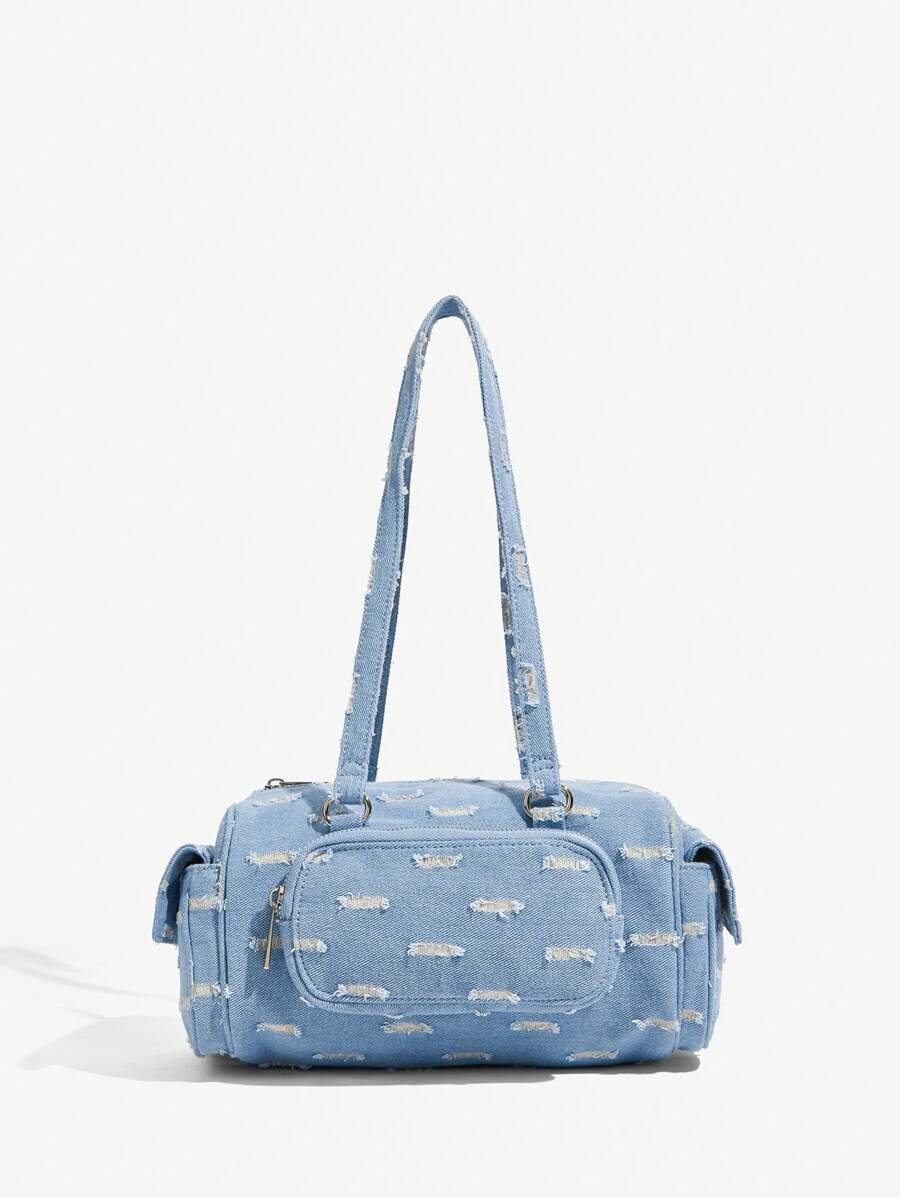 SHEIN ICON 女士单肩包、流浪包、时尚、个性、简约、百搭、街头风、甜美酷炫女孩、辣妹、千禧一代、复古、铆钉、复古、牛仔效果、多口袋设计、机车风、青少年 - 藍色 - 查看 1