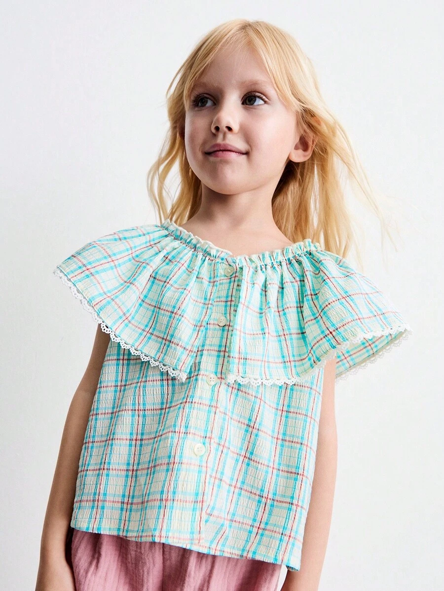 SHEIN 年轻女孩夏季格子领花边波西米亚风格衬衫 - 彩色 - 查看 1