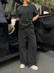 Muchica 女士休闲水洗短袖上衣和裤子两件套，春夏