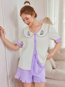 Softscene 2pcs Set Floral Embroidered Ruffled Collar Short Sleeve T-Shirt And Shorts Sleepwear Holiday Season - Beige - View 1