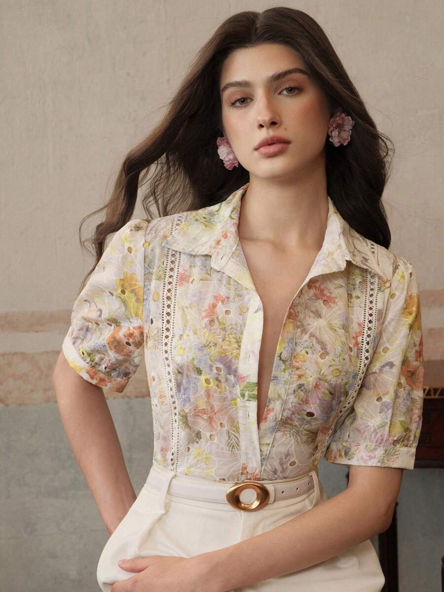 Anewsta 优雅时尚刺绣泡泡袖女式衬衫，适合度假、夏季穿着 - 彩色 - 查看 1