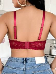 DesireSculpt Plus Size Contrast Color Lace Patchwork Bow Detail Bralette & Wire-Free Bra