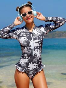 青少年女孩夏季时尚花卉印花连体泳衣 - 彩色 - 查看 1