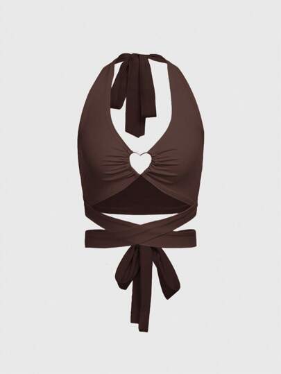 Kawaii Sexy Resort Knitted Pink Heart Metal Ring Tie Bow Spaghetti Strap Camisole Top For Women