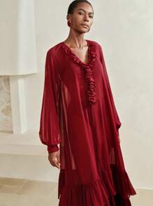 Arave 法式荷叶边中长连衣裙，优雅淑女休闲连衣裙