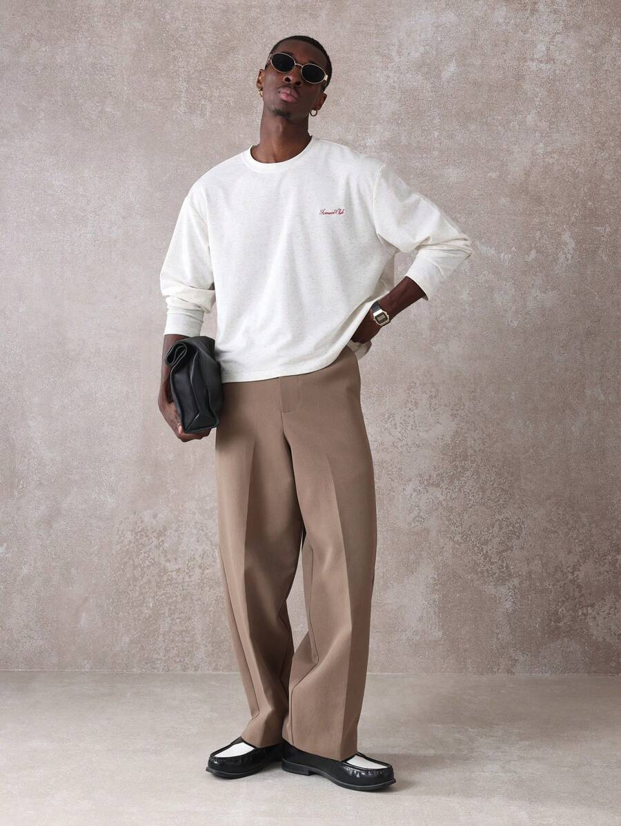 SUMWON 基本款短款夏季秋季轻薄超大毛衣套头衫家居服运动休闲街头风格长袖运动落肩圆领 - 杏色 - 查看 1