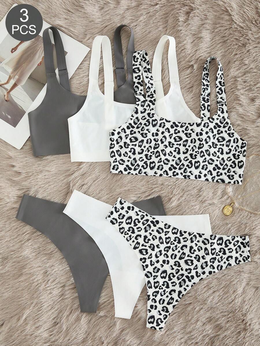 6 件套女士休闲豹纹简约时尚无衬无钢圈文胸和低腰丁字裤套装