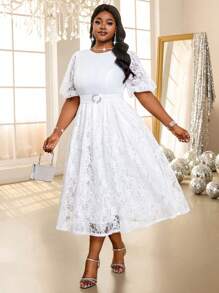 Fleurora فستان إنيق بأكمام منتفخة من الدانتيل الأبيض مع حزام مرصع بالراين لحفلات الكبار، فستان عيد الفصح، فستان تخرج، فستان لحضور حفلات الزفاف، فستان عطلة جوليات المنزلي الكبير، فستان سهرة رسمي، للحفلات