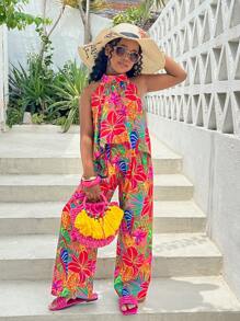SHEIN Tween Girls Tropical Print Halter Neck Camisole And Straight Leg Pants Set - Multicolor - View 5