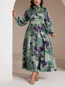 Veilorie Plus Size Women Tie-Dye Print Lantern Sleeve Waisted Elegant Dress - Multicolor - View 7