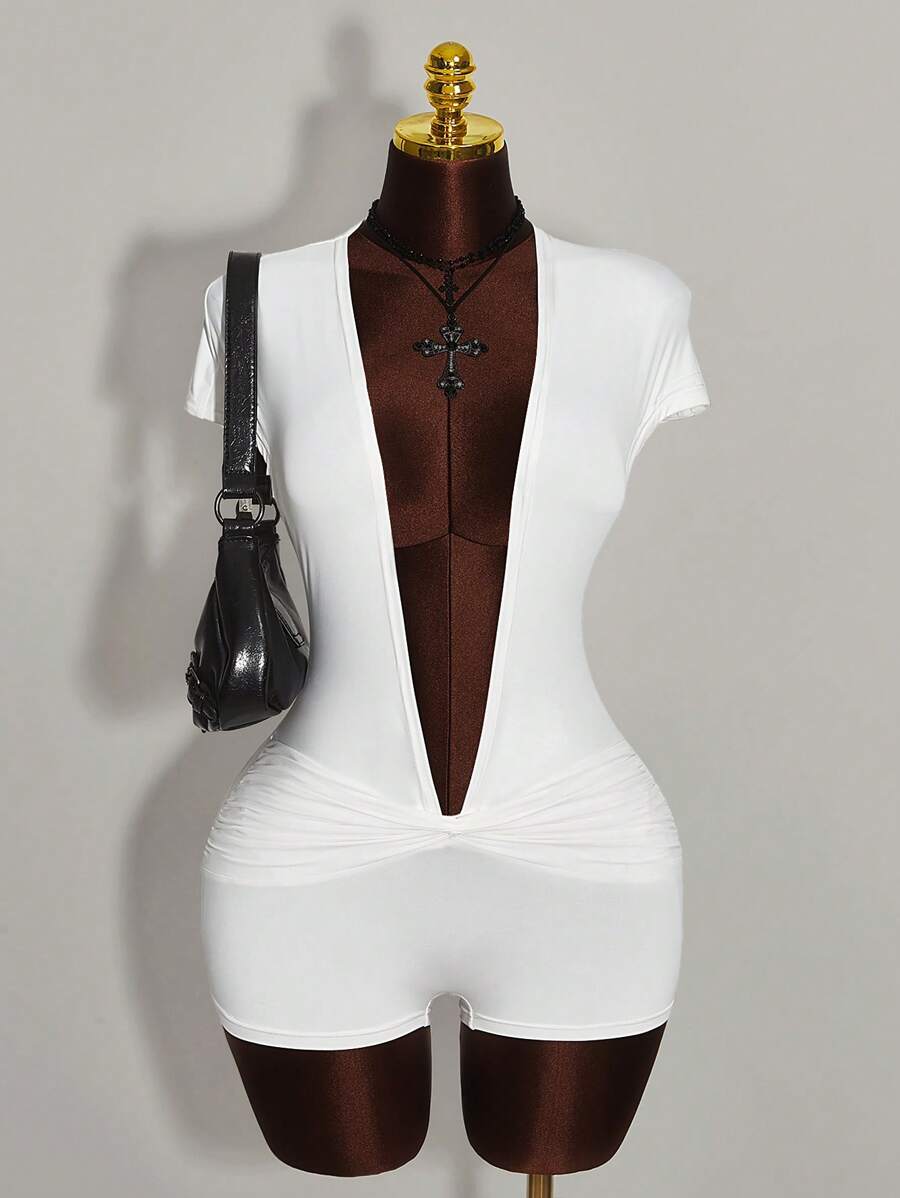 Amplova Summer Outfits For Women Vacation Outfits Deep Draped Neck Twist Jumpsuit With Open Sleeves - White - View 1