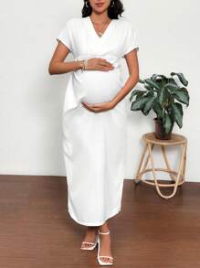 SHEIN Maternity Solid V-Neck Batwing Sleeve Elegant Dress - White - View 6
