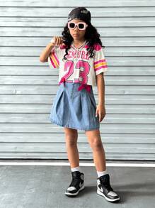 SHEIN Explorewe 2 件套女童夏季短袖短款上衣和牛仔迷你裙