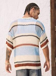 ROMWE MEN Men's Contrast Color Striped Print Crew Neck Casual Vacation Short Sleeve Knit Top, Vacation - Multicolor - View 5