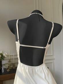 Comfortcana Apricot Satin Backless Summer Dress For Women, Solid Color Fashion, Party Dress