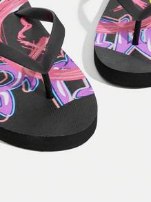 Grefit Love Pattern Flat Casual Beach Flip Flops, Indoor/Outdoor Wear - Black - View 3