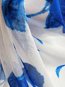 Soleia Nuevo vestido de primavera y verano con estampado de rosas, escote de atar, espalda descubierta, elástico y malla larga - Azul y blanco - Ver 6