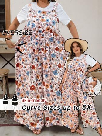 SHEIN CURVE+ Women's Plus Size Floral Print Jumpsuit, Vacation, Casual, Curve Plus, Boho Vacation Beach Outfits For Woman/Beach Dress/Beach Vacation Outfits/Beach Essentials / Graduation/Tea Party Dress