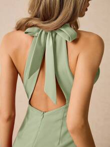 Poéselle Women's Simple Solid Color Halter Neck Tied Sleeveless Dress, Summer - Mint Green - View 2
