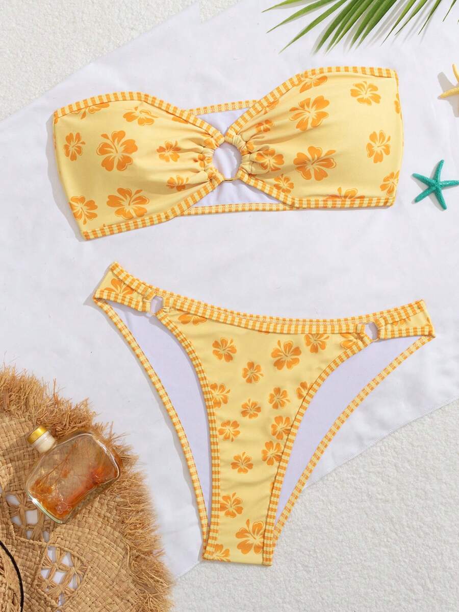 SHEIN Swim Bộ bikini Bandeau họa tiết hoa trang trí hình tròn (In ngẫu nhiên) - Màu vàng - Xem 1