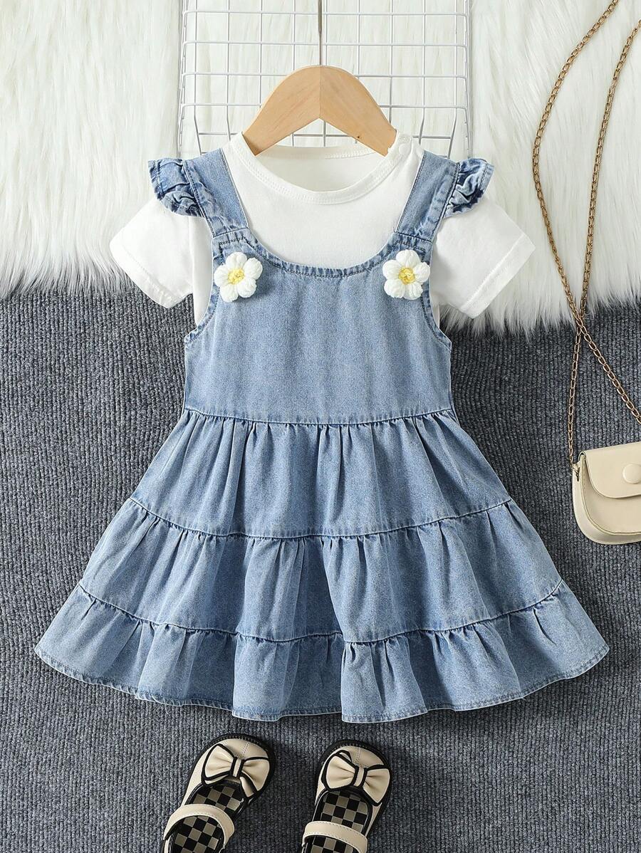 BABY GIRLS Ruffled Backless Princess Dress, Soft & Comfortable Denim Fabric In Washed Mid-Blue + Casual Fashion, Summer - Medium Wash - View 1