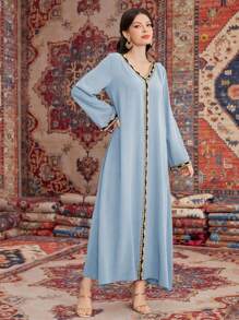 Al Najma 女士优雅 V 领拼接缎带饰边长袖宽松连衣裙，端庄 - 藍色 - 查看 5